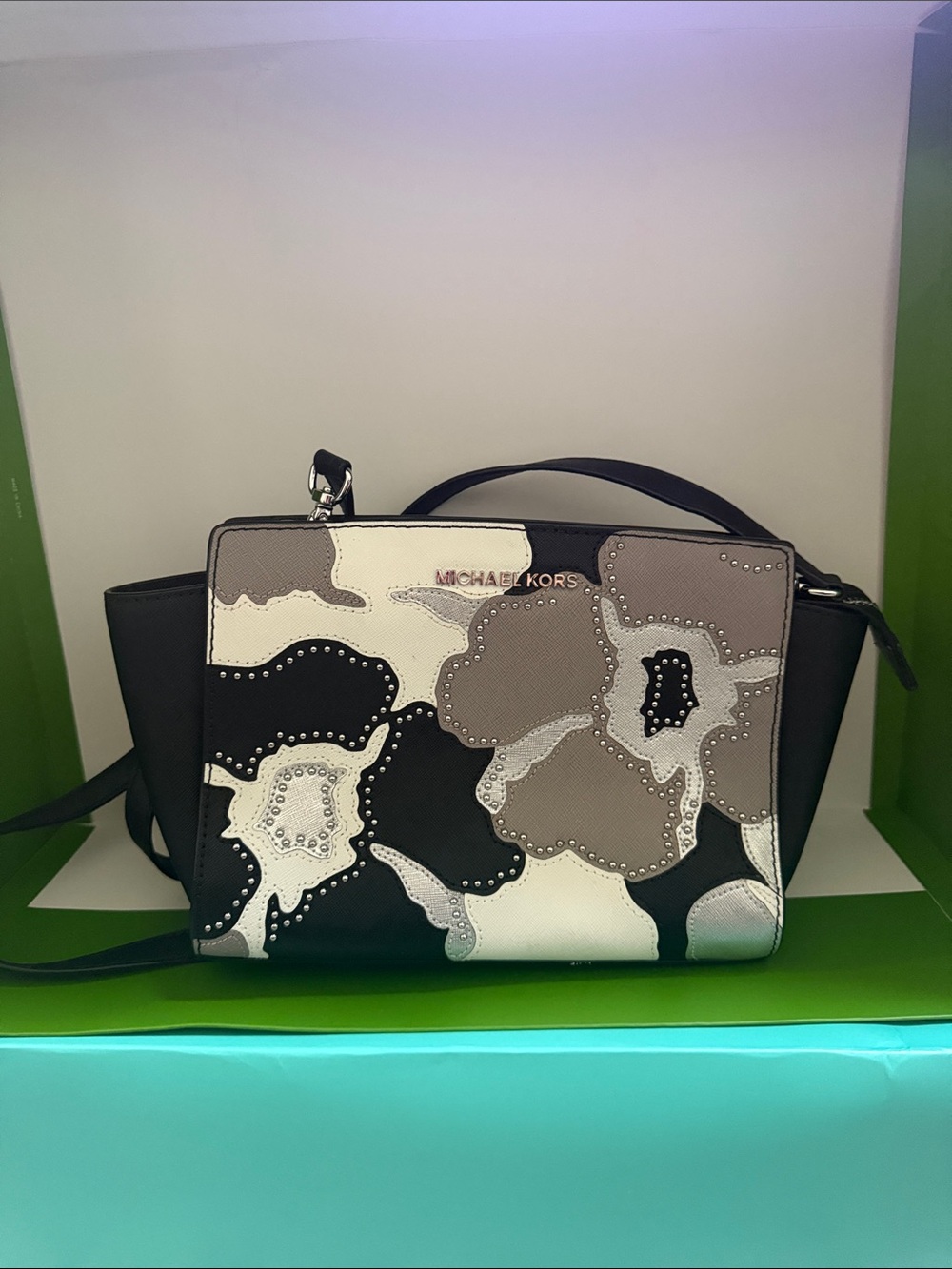 Michael Kors Black, Gray & White Floral Applique Crossbody